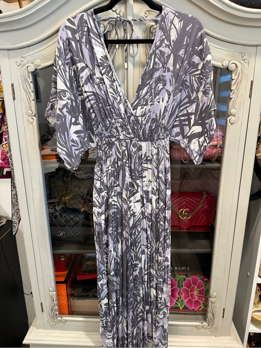 lovestitch Gray & White Printed V-Neck Smocked Waist Maxi Dress